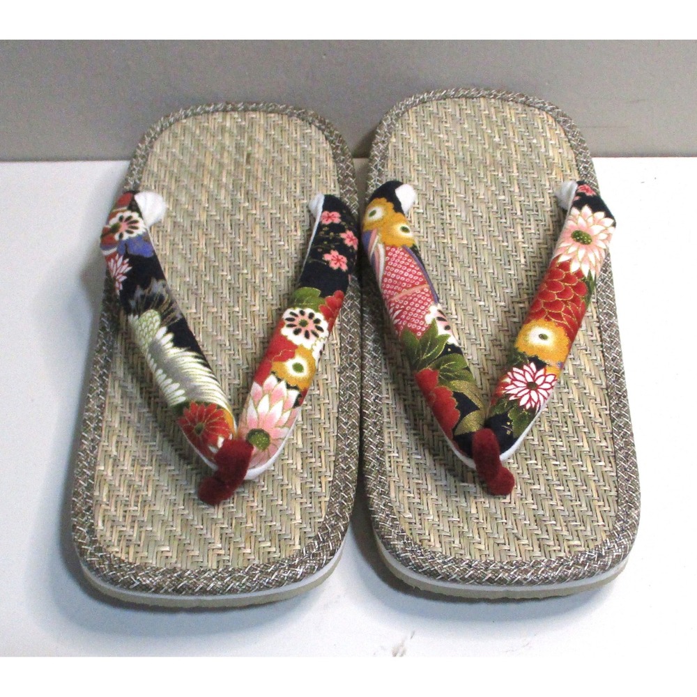 Japanese Zori Sandals Floral Fabric Straps Woven Tatami Footbed Platform Wedge